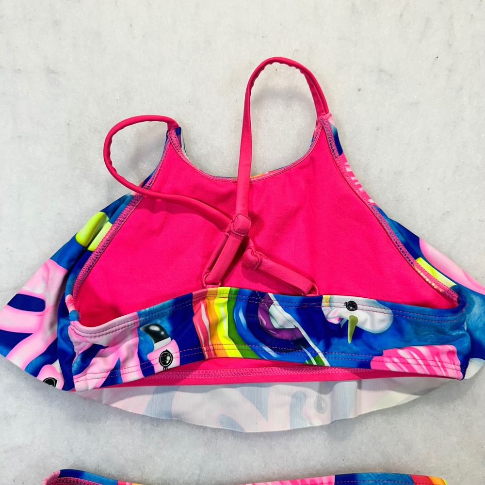 Justice Bikini Swimsuit‎ Girls 6/7 Pink Flamingo Rainbow Unicorn Flounce 2PC - Picture 6 of 8